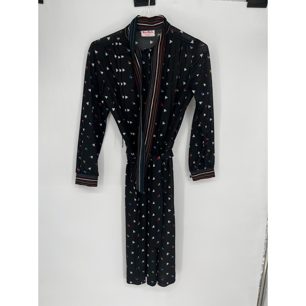 Vintage Mary Martin 70s Dress‎ Black Colorful Geometric  Waist belt bow SZ.11/12